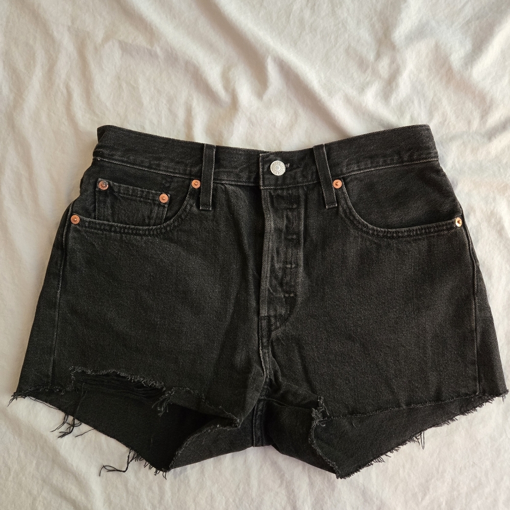 Levi's 501 Black Denim Shorts High Waist Button Fly Cutoffs 90s